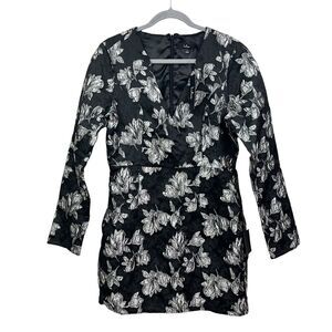 Lulus Mini Dress Women Floral Jacquard V Neck Long Sleeve Black Silver Size L*